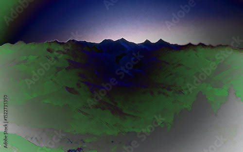 Gradient inversions of exclusion and/or difference, chalk rendition effect of winter Rocky Mountain scene of snowclad peaks.