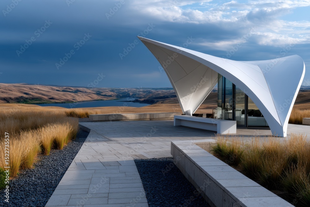 Fototapeta premium A sleek, futuristic architectural structure stands boldly against a scenic backdrop, blending innovation with nature, representing the evolution of design in harmony with the environment.