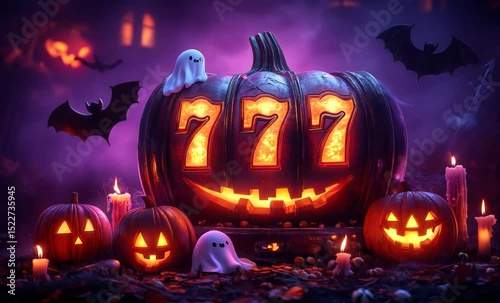 Giant pumpkin carved with glowing 777, surrounded by smaller pumpkins, ghosts, bats, and candles, creates a spooky halloween casino scene