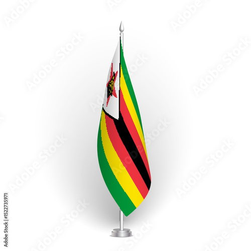 Zimbabwe flag - 3D standard conference flag hanging on ground flagpole. Usable for summit, indoor meeting, board room, government office, press room or reception. Vector flag with shading