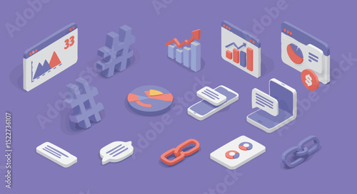 Isometric Social Media Reactions Icon Set in 3D Style

