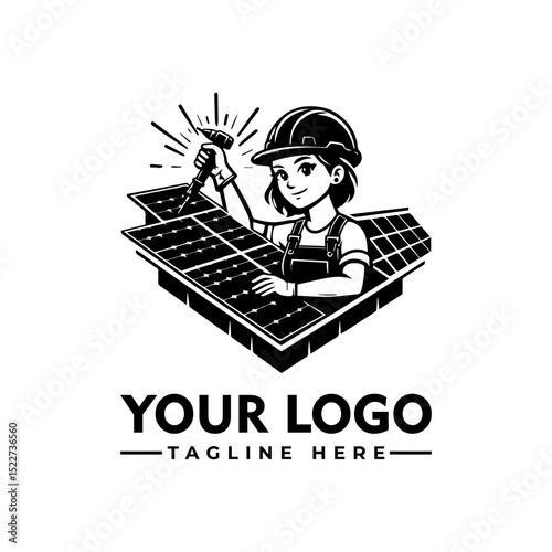 Technician installing solar panels on rooftop with city skyline in background, monochrome vector illustration. Clean energy concept
