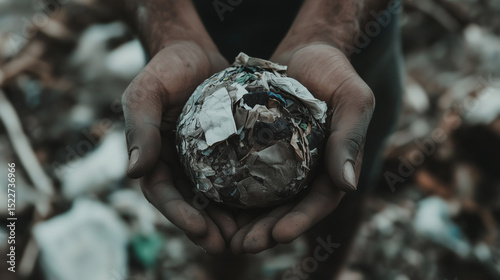 Woman holding a planet made of trash