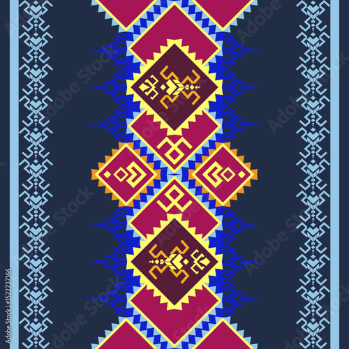 geometric pattern Dark blue. Native American tribal fabric, design vector for woven textile printing, tile, motifs, carpet, cards, picture books, ethnic boho indian texture ornament seamless pattern