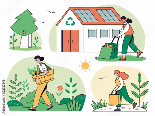 Modern Eco Friendly Sustainable Living Illustration Pack (4) Vector