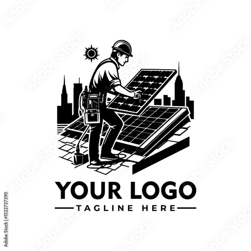 Technician installing solar panels on rooftop with city skyline in background, monochrome vector illustration. Clean energy concept
