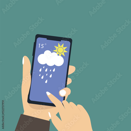 Hand holding smartphone weather forecast on the phone screen with a weather forecast icon vector illustration.
