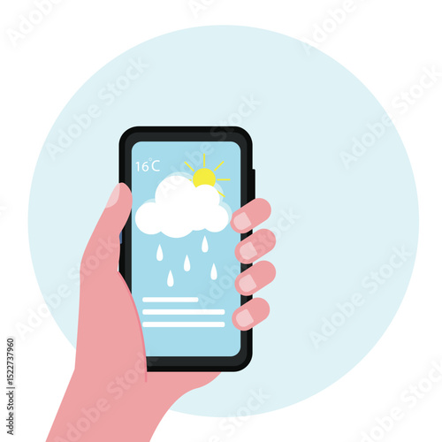 Hand holding smartphone weather forecast on the phone screen with a weather forecast icon vector illustration.