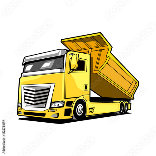 Yellow Dump truck unloading vector illustration. Drawing Tipper truck isolated.