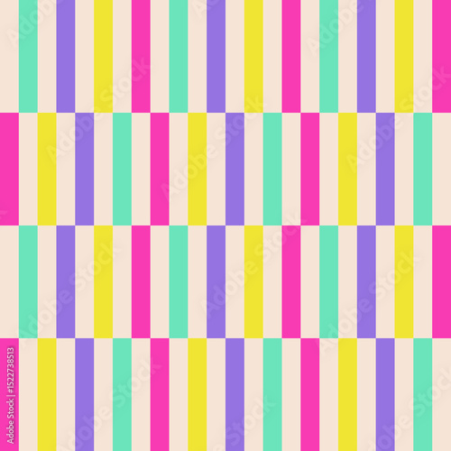 Broken vertical stripes in bright pink, green, yellow and violet colours on a light background.