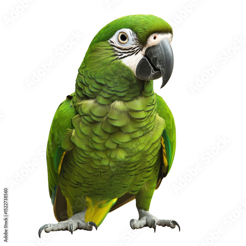 A vibrant green parrot with intricate feather patterns and a distinct beak, showcasing its colorful plumage and lively demeanor. cut out. transparent background