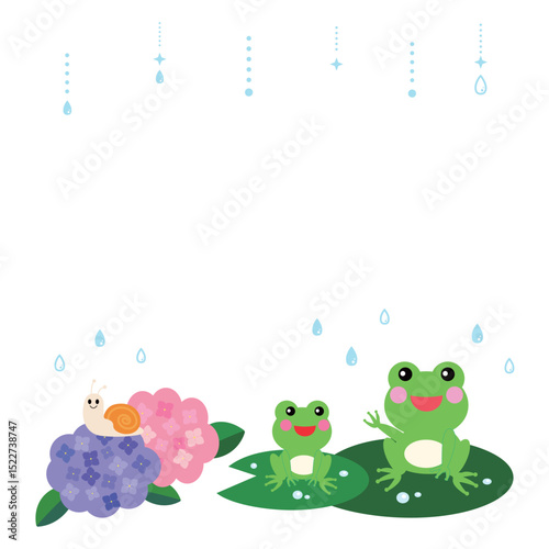 梅雨の時期の紫陽花とカエル　イラスト