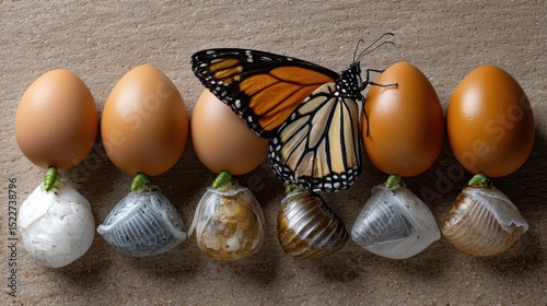 A butterfly lays on top of a row of eggs