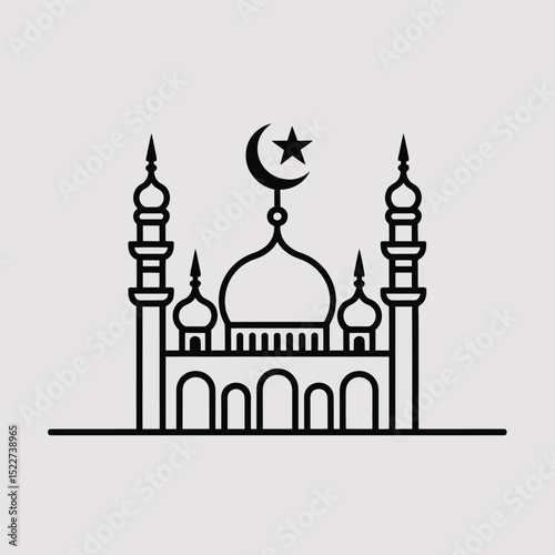 Minimalist black and white illustration of a mosque depicting islamic architecture and religious symbolism celebrating ramadan eid al fitr
