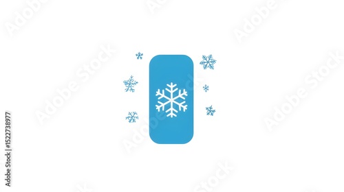 A blue rounded rectangle with a white snowflake and smaller snowflakes around it on a white background