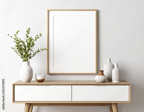 Minimalist interior with blank frame green plant candle and ceramic vases on a wooden console table