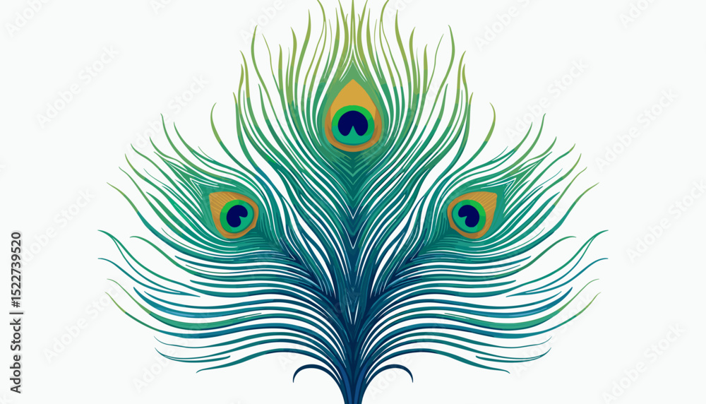 Obraz premium Mirrored layout of peacock feathers with stylized gradient lines flowing top to bottom in bright emerald and ultramarine tones 