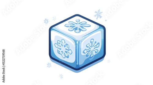 Isometric illustration of a blue ice cube with snowflake designs on a white background with snowflakes