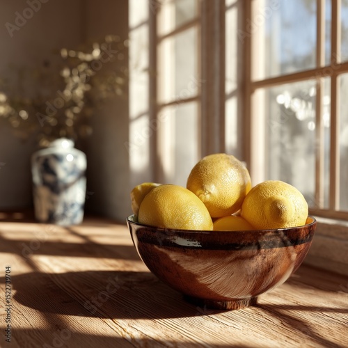 Fresh lemons in a rustic bowl on a wooden table illuminated by natural sunlight