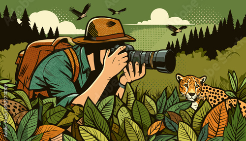 Wildlife photographer hiding behind a bush to shoot wildlife, comic Pop Art vector style, wildlife photographer with animal