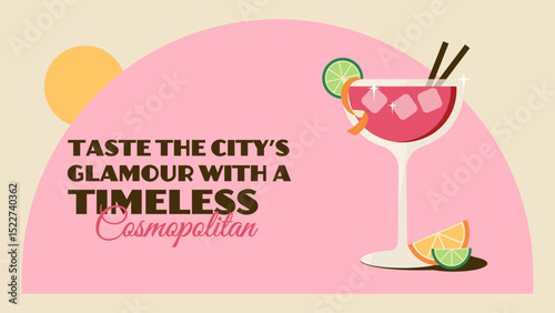 Summer retro web large banner with timeless cosmpolitan magenta cocktail