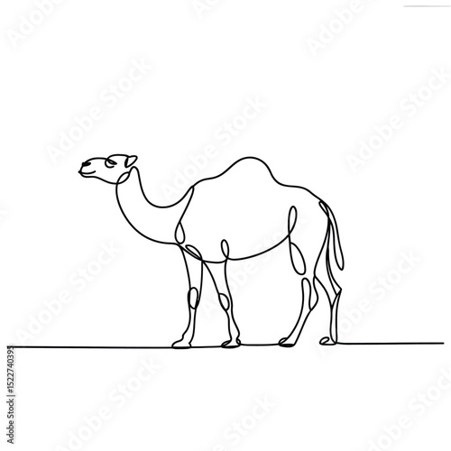 Single continuous line drawing of a graceful camel animal standing on a desert floor simple minimalist art design wildlife animal illustration