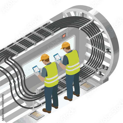 Two technicians inspecting electrical cables inside a tunnel using digital tablets with safety gear for infrastructure maintenance and engineering solutions.