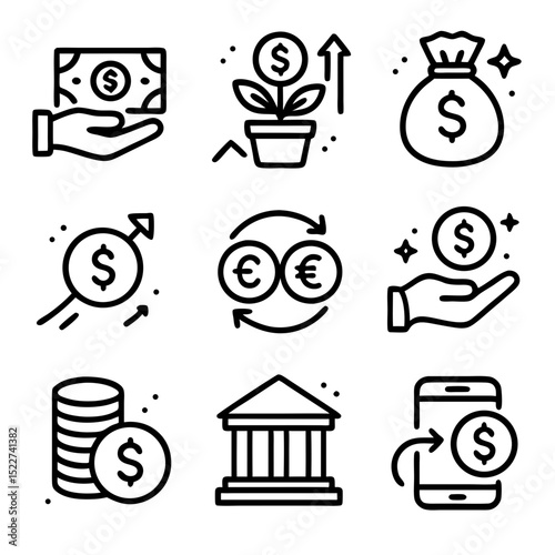 Money icon set nine black and white finance icons for financial concepts. Suitable for websites, presentations, and educational materials.