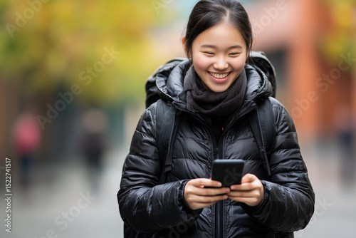 Happy young asian student wearing black winter coat and backpack using her smartphone while walking in a city street during a cold autumn day