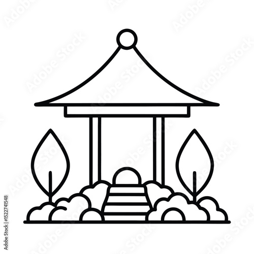 Minimalist line art illustration of a japanese pagoda in a tranquil garden setting