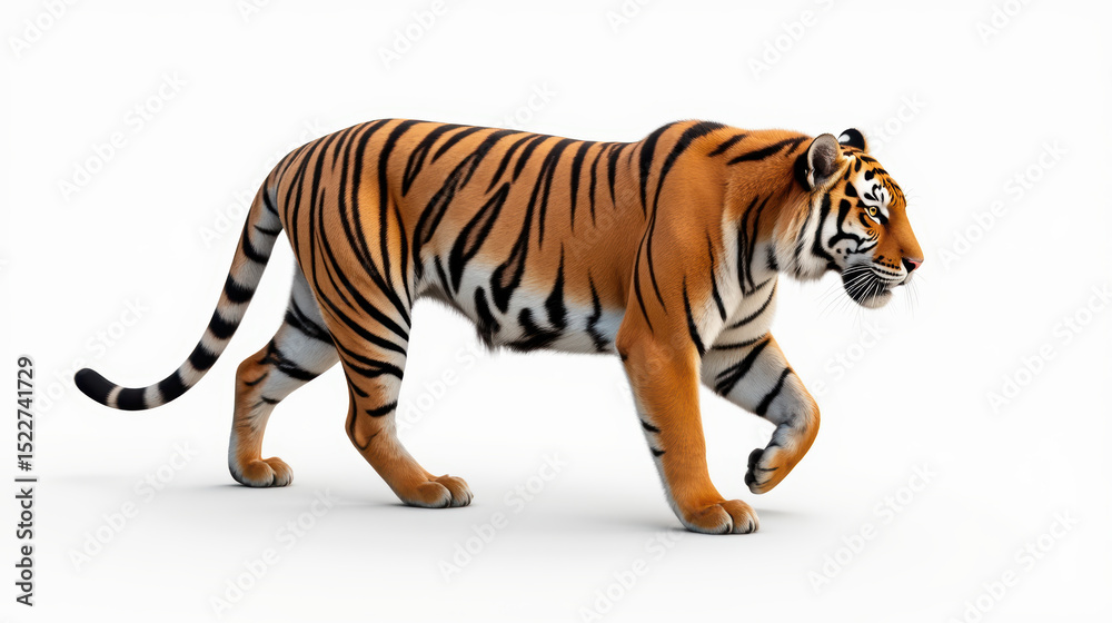Obraz premium Realistic tiger walking gracefully across white background, showcasing its vibrant orange fur and distinctive black stripes