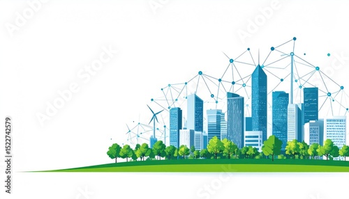 Abstract city skyline with green park, blue buildings, and connecting dots