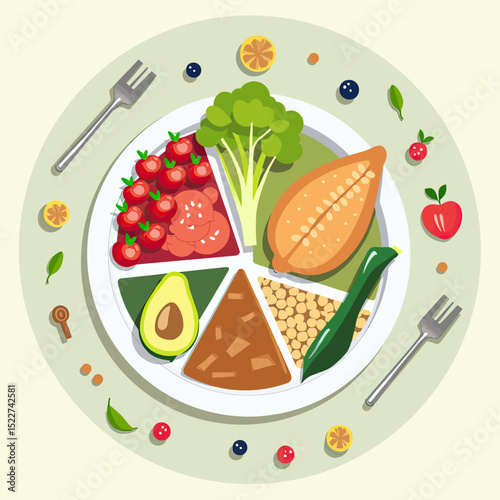 Flat-style infographic of healthy eating plate including vegetables, whole grains, lean protein, and fruit, combined with clean nutrition icons and pyramid to illustrate a balanced daily diet
