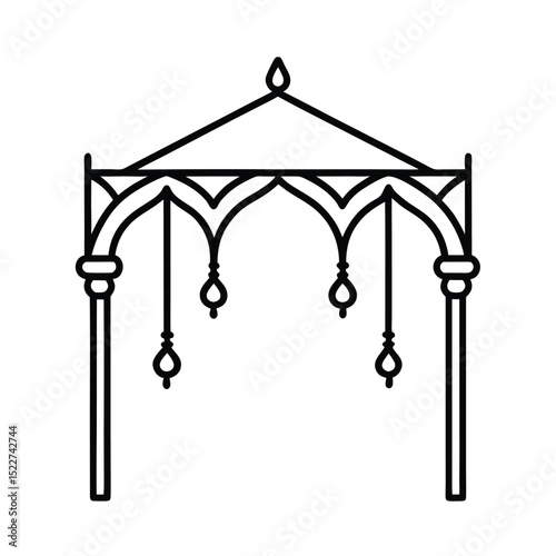 Ornamental line art vector illustration of an elegant islamic archway structure in black and white