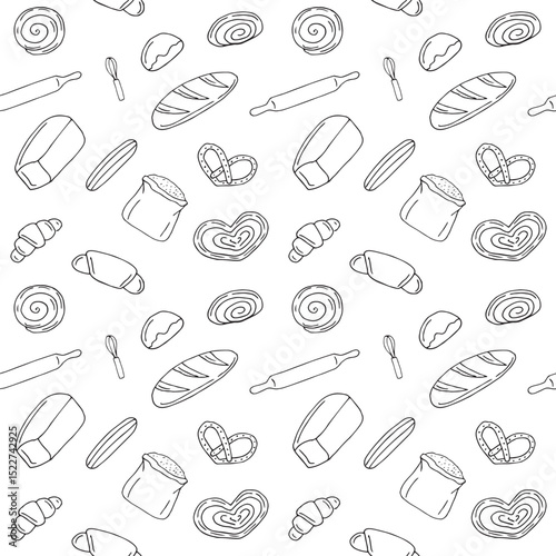 Bakery products and baking seamless pattern hand drawing, doodles, vector illustration