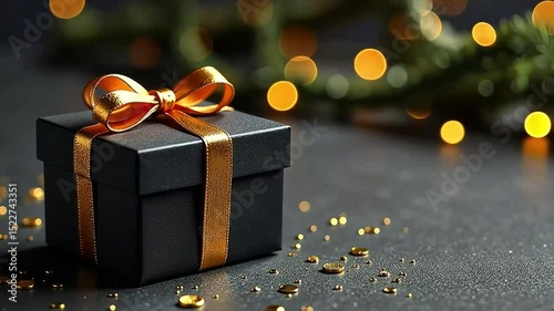 Black gift box with golden bow on dark background with festive atmosphere, Christmas celebration concept