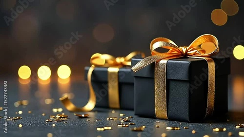Elegant black gift boxes with golden bow on dark surface, blurry background with garland lights. Animated video banner for holiday, Christmas and Halloween concept