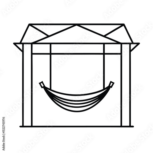 Simple black and white line art illustration of a hammock suspended within a shelter