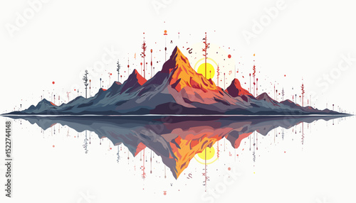 Reflective wave form transformed into mountain silhouette with dripping notes and symbols
