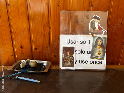 Pilgrims stamp in chapel along the St. James way in Portugal photo