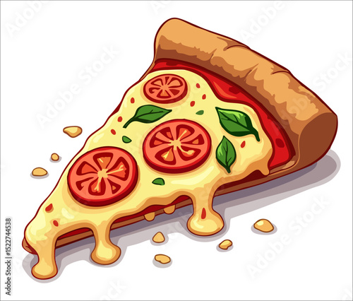 Vector fashion design for t-shirt, food packaging with 
triangular slice of round pizza
with tomato, greens, cheese isolated
on transparent background. 
Print for fabric, clothing.