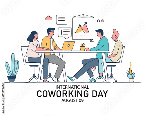 International Coworking Day. people in an office setting having a discussion, working together. office space with people working on laptops
