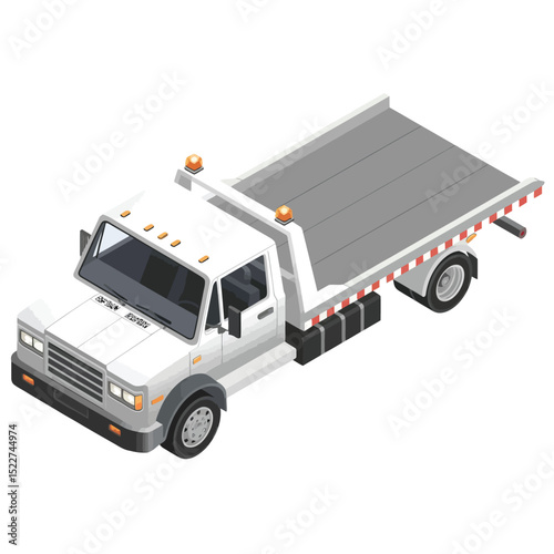 Isometric illustration of a modern white tow truck for roadside assistance and vehicle recovery transporting cars and other automobiles with flashing lights