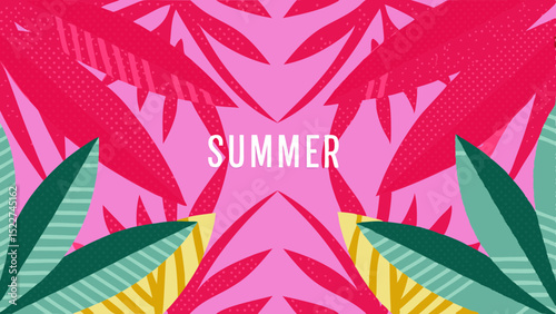 Colorful summer themed background with pink and red leaves and the word summer in the center