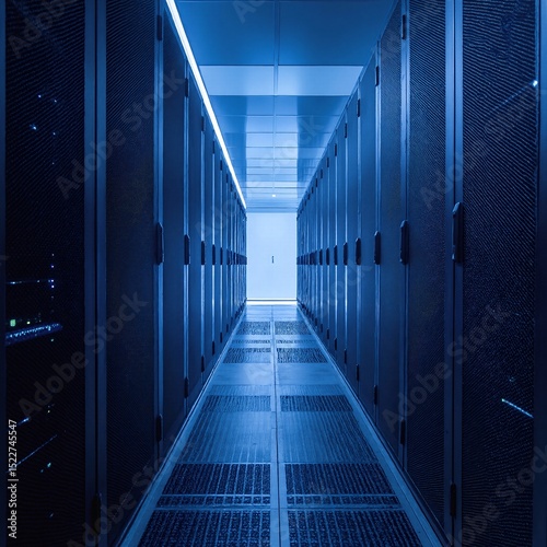 A spacious, dimly lit hallway lined with tall, sleek server racks, each glowing with colorful LED lights, creating a high-tech atmosphere.