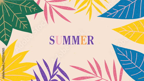Colorful summer themed background with assorted leaves framing the word summer in the center design