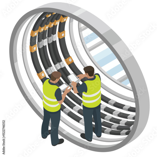 Isometric illustration of construction workers with tablet computers inspecting tunnel infrastructure components providing a view of an underground project