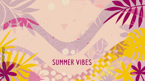 Abstract summer vibe background with tropical leaves and geometric shapes in pastel and vibrant colors scheme