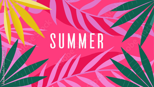 Summer themed background with pink backdrop and green yellow and pink tropical leaves and the word summer