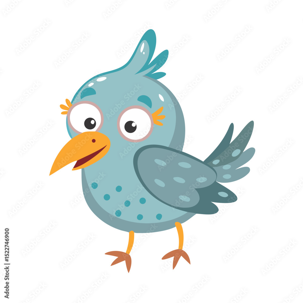Fototapeta premium Cartoon blue bird character with big eyes and friendly expression 